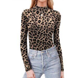 Women's Leopard  Mock Neck T-Shirt Long Sleeve Slim Lightweight Layer Tops